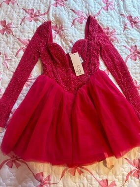 Oh Polly Fuchsia Beaded Long-Sleeve Mini Dress